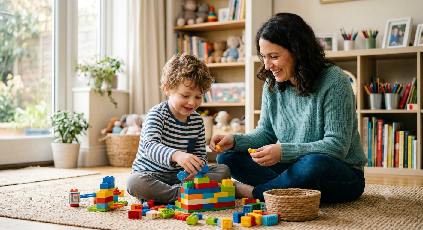 Mãe e filho brincando juntos, sorrindo