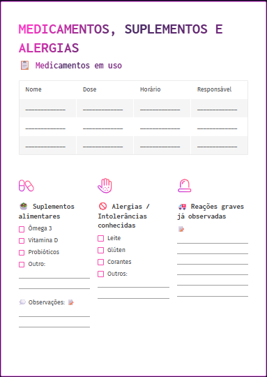 Página do planner: medicamentos, suplementos e alergias