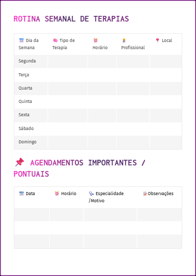 Página do planner: rotina semanal de terapias